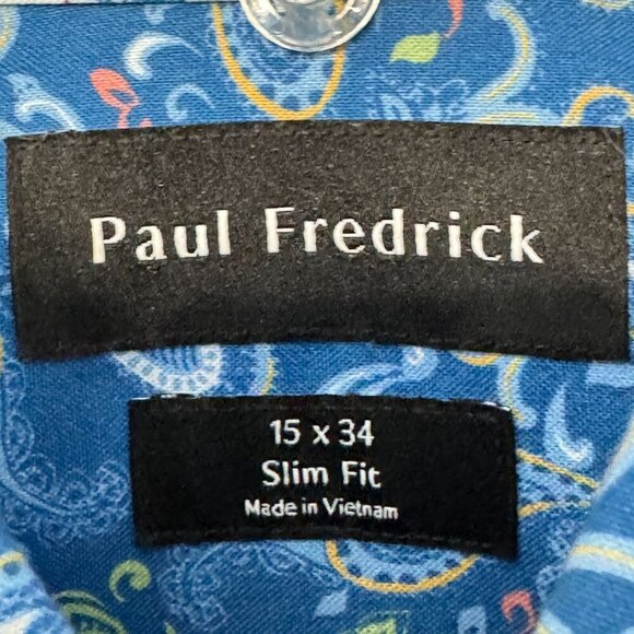 Paul Fredrick Slim Fit Paisley Dress Shirt 15 Blue Flip Cuff Long Sleeve Button - Picture 5 of 10